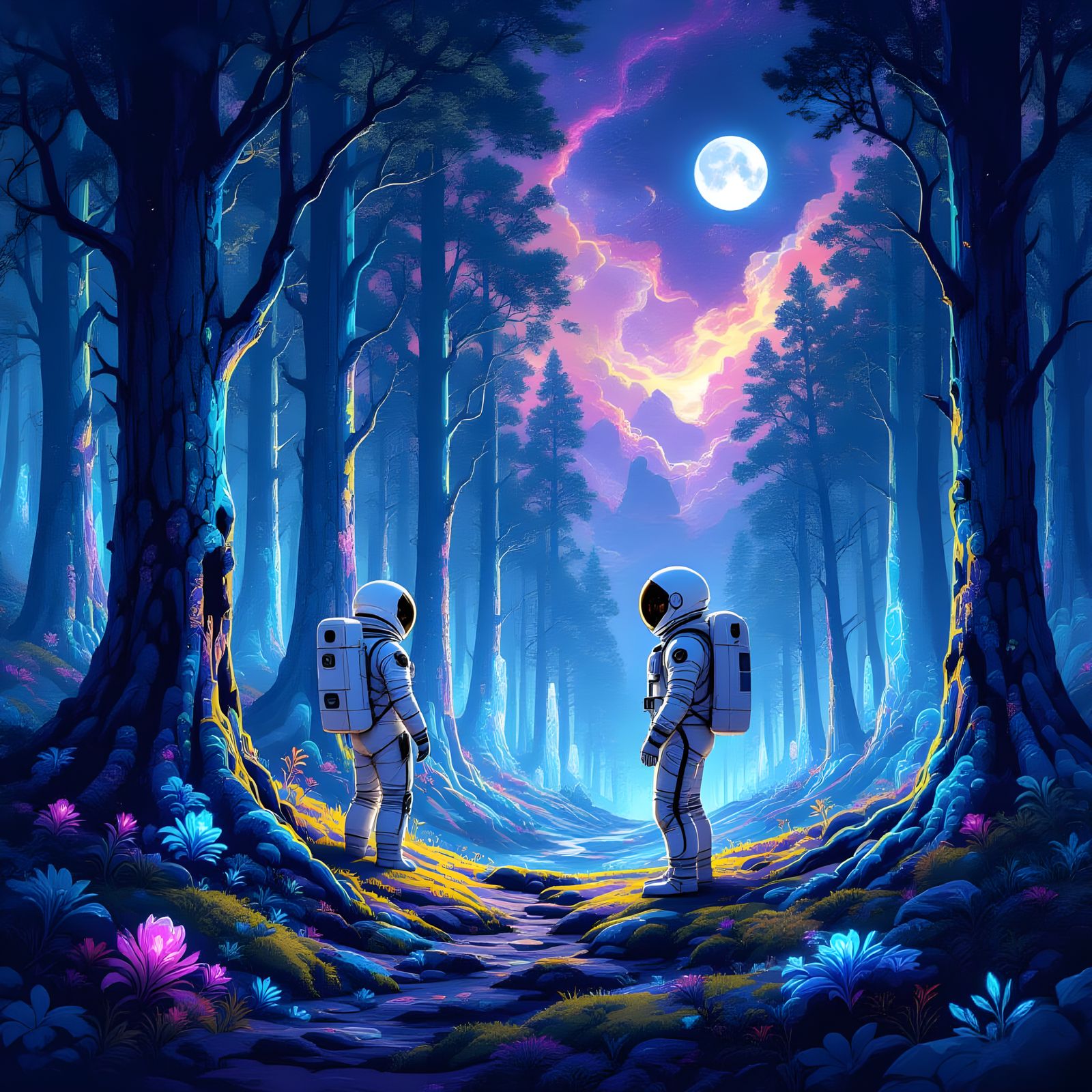 Astronaut Finds Crystal Forest Under Nebula Sky