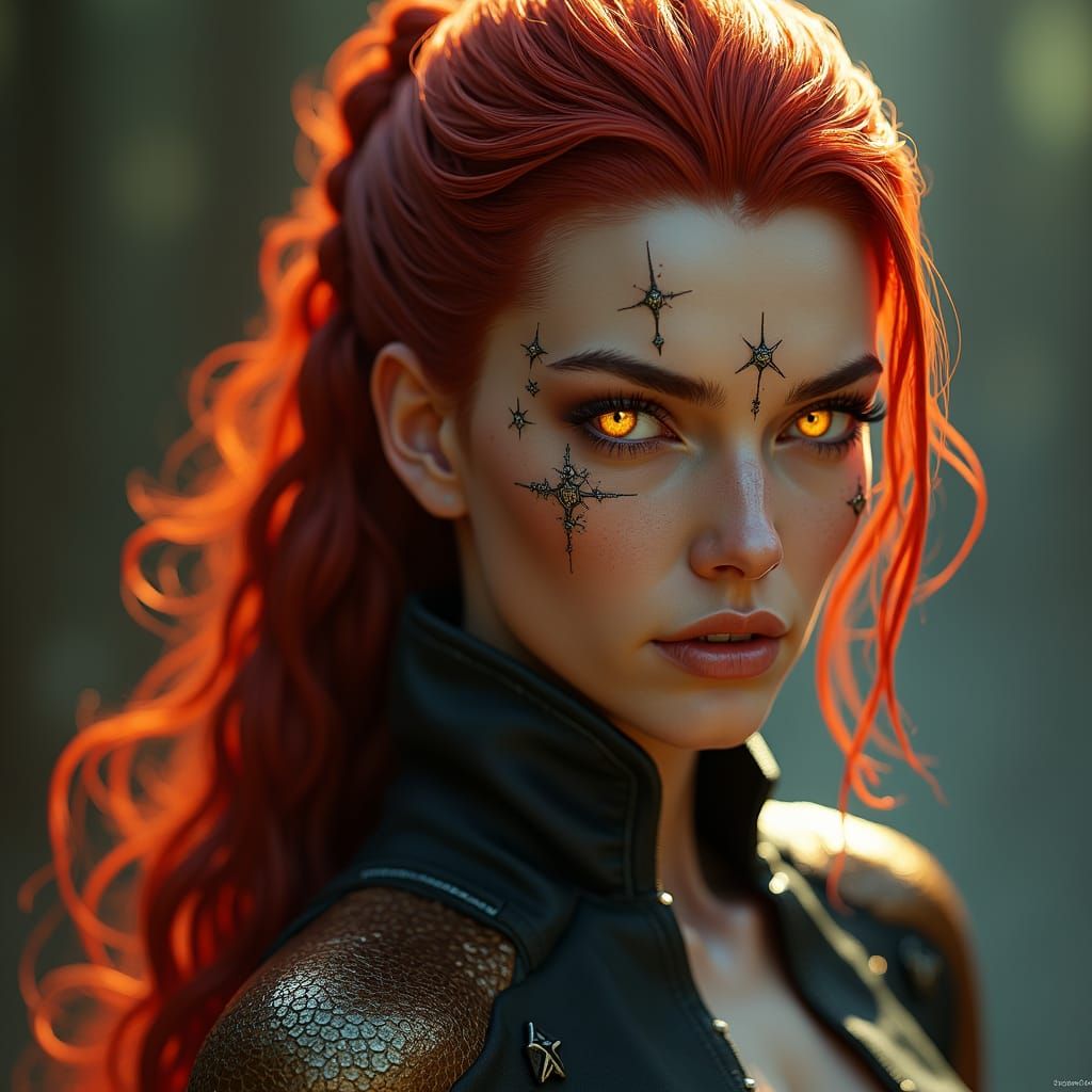 Red-Haired Woman with Yellow Eyes: Hyperrealistic Portrait