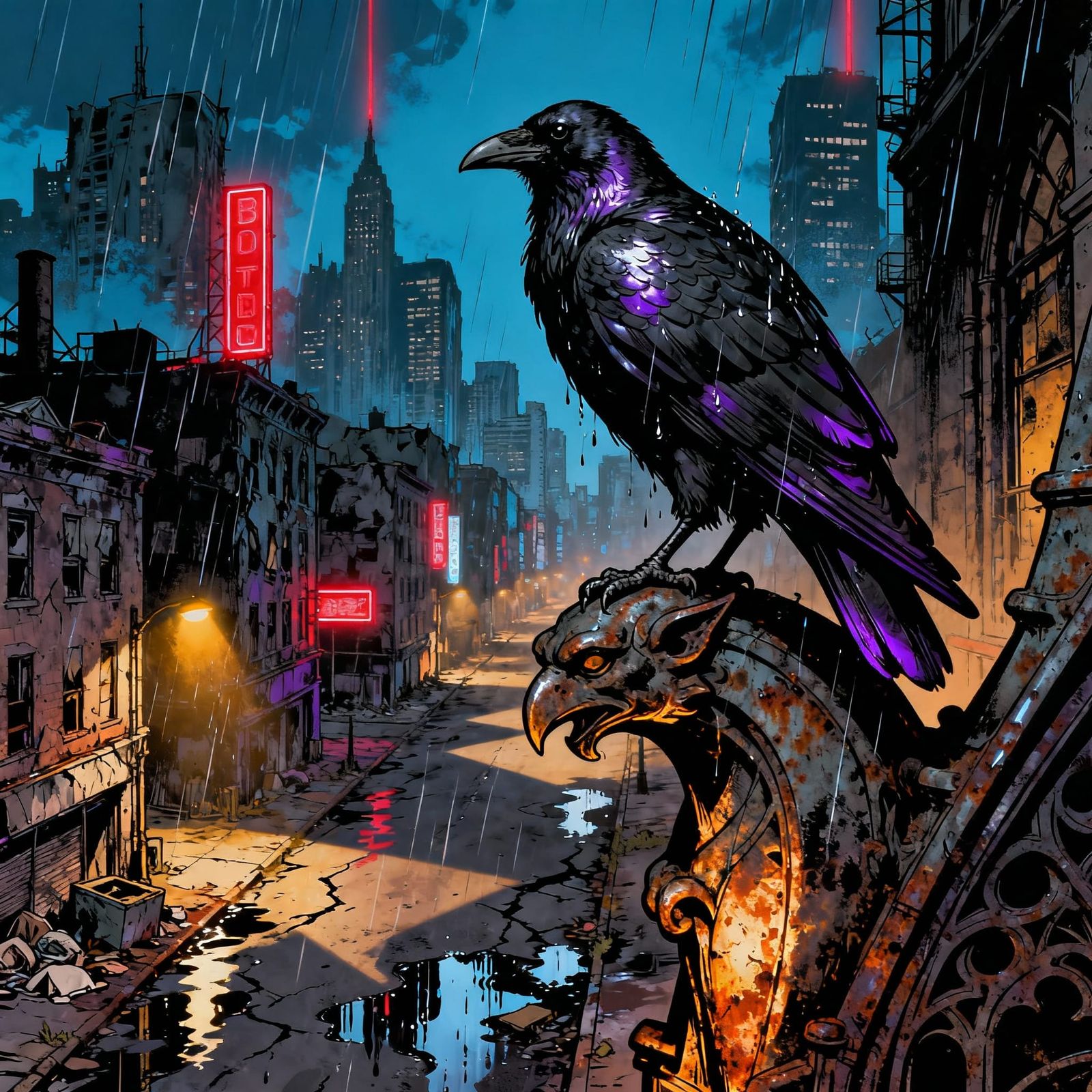 Raven Sentinel on Gargoyle Above Rainy Cityscape