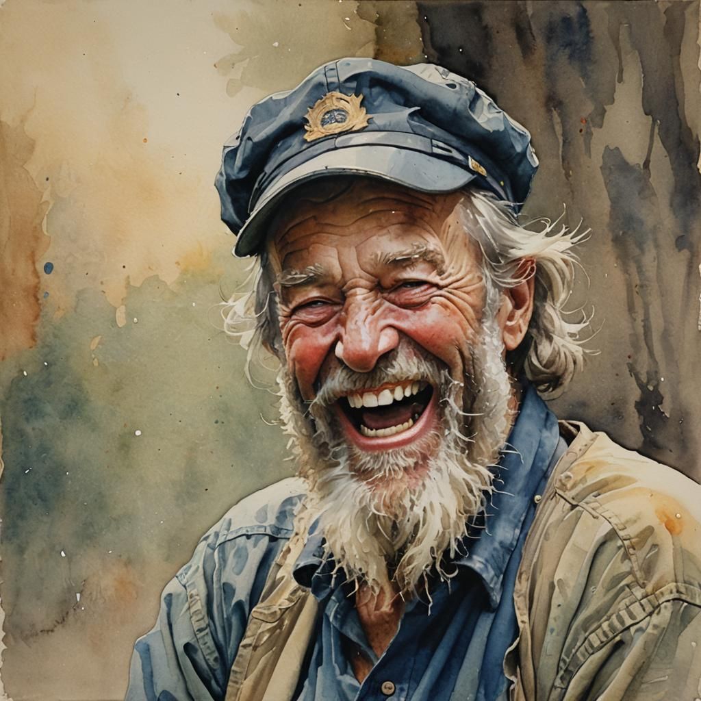 Laughing Old Man with Beard in Watercolor Style