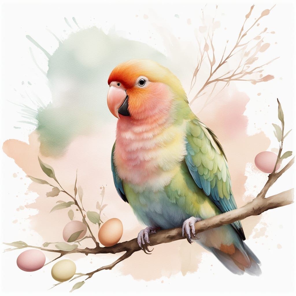 Whimsical illustration. Close-up. A lovebird with soft blush plumage sits on a branch, surrounded by painted eggs in sun...
