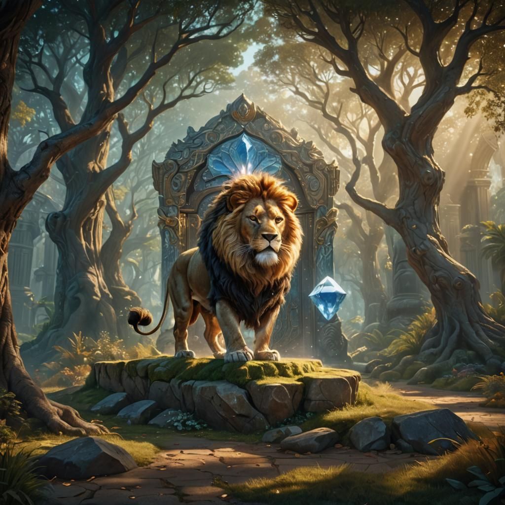 Regal Lion Guarding Diamond Door in Golden Light