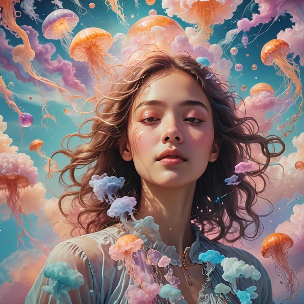 Surreal Dreamscape: Woman in Rapture with Luminous Orbs