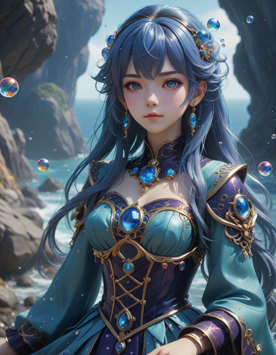 Anime Sea Witch with Glowing Bubbles in WLOP Style