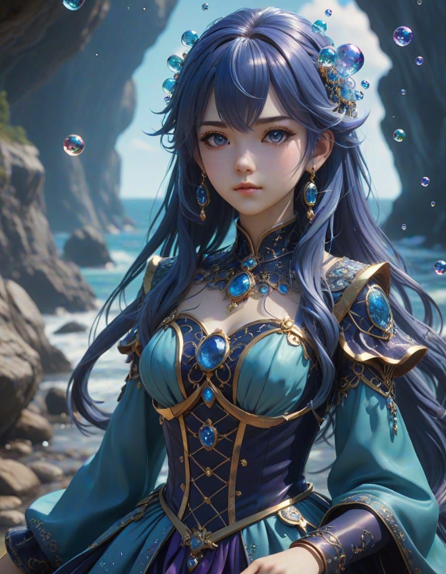 Anime Sea Witch on Rocky Shore in 3D