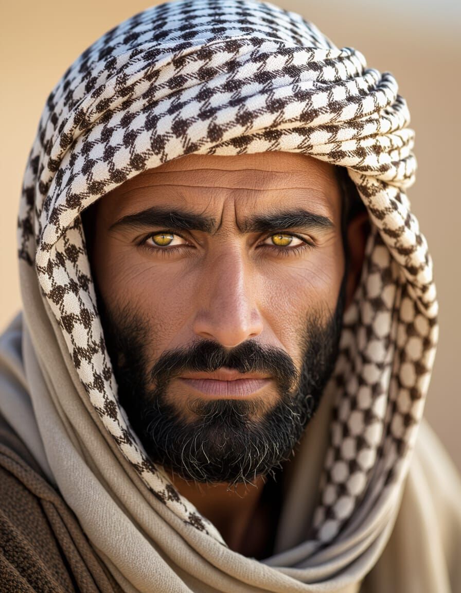 Intense Portrait of Middle Eastern Man in Keffiyeh