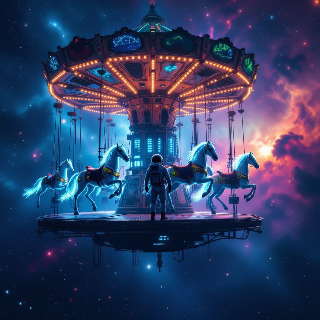 Astronaut Tethered to Skeletal Carousel in Cosmic Void