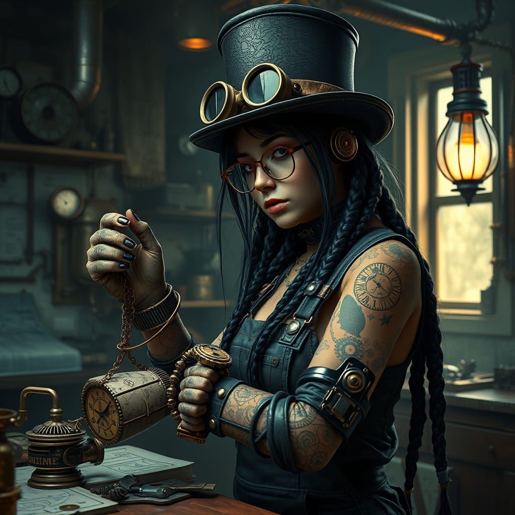 Steampunk Inventor in Workshop with Clockwork Prosthetics