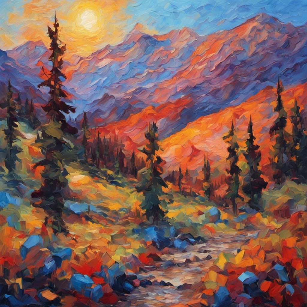 Sunset in American Wilds: An Impressionist Oil Painting