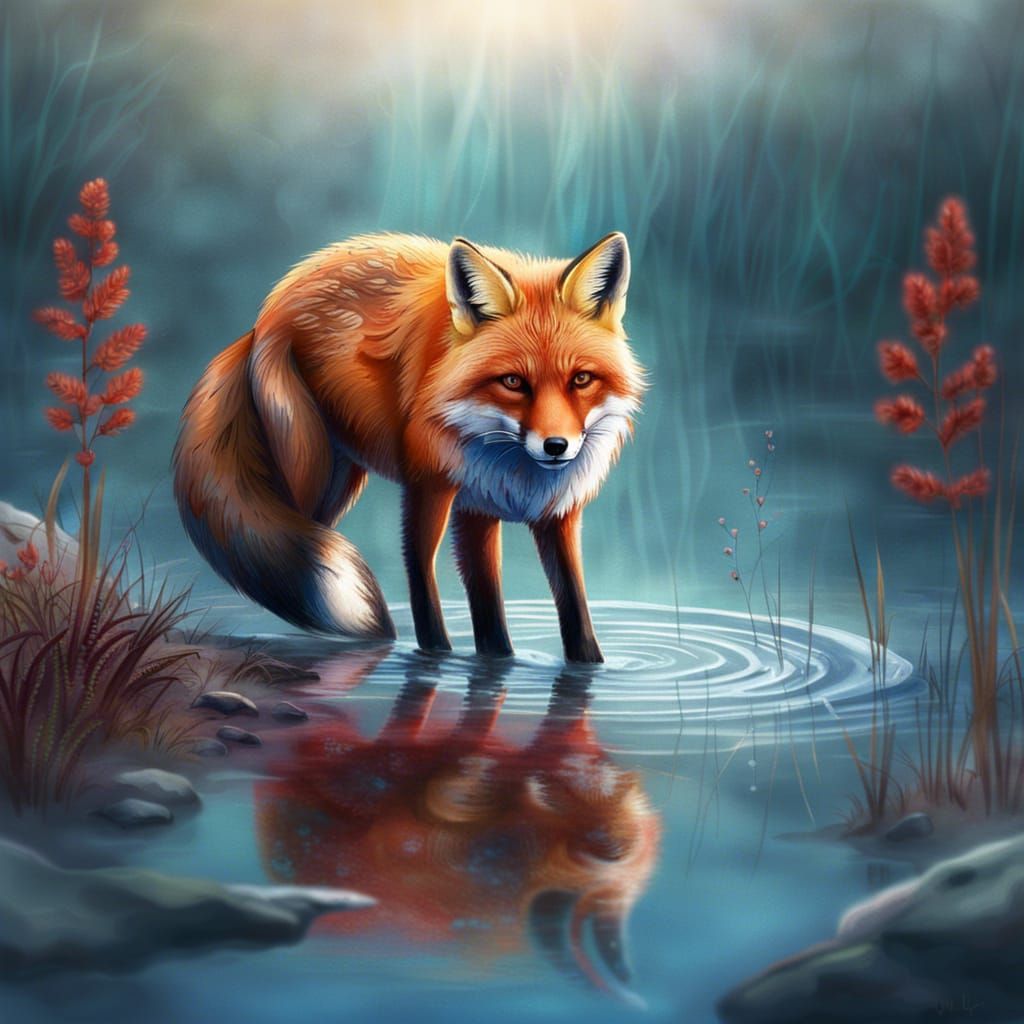 Ethereal Red Fox with Blue Eyes in Sci-Fi Setting