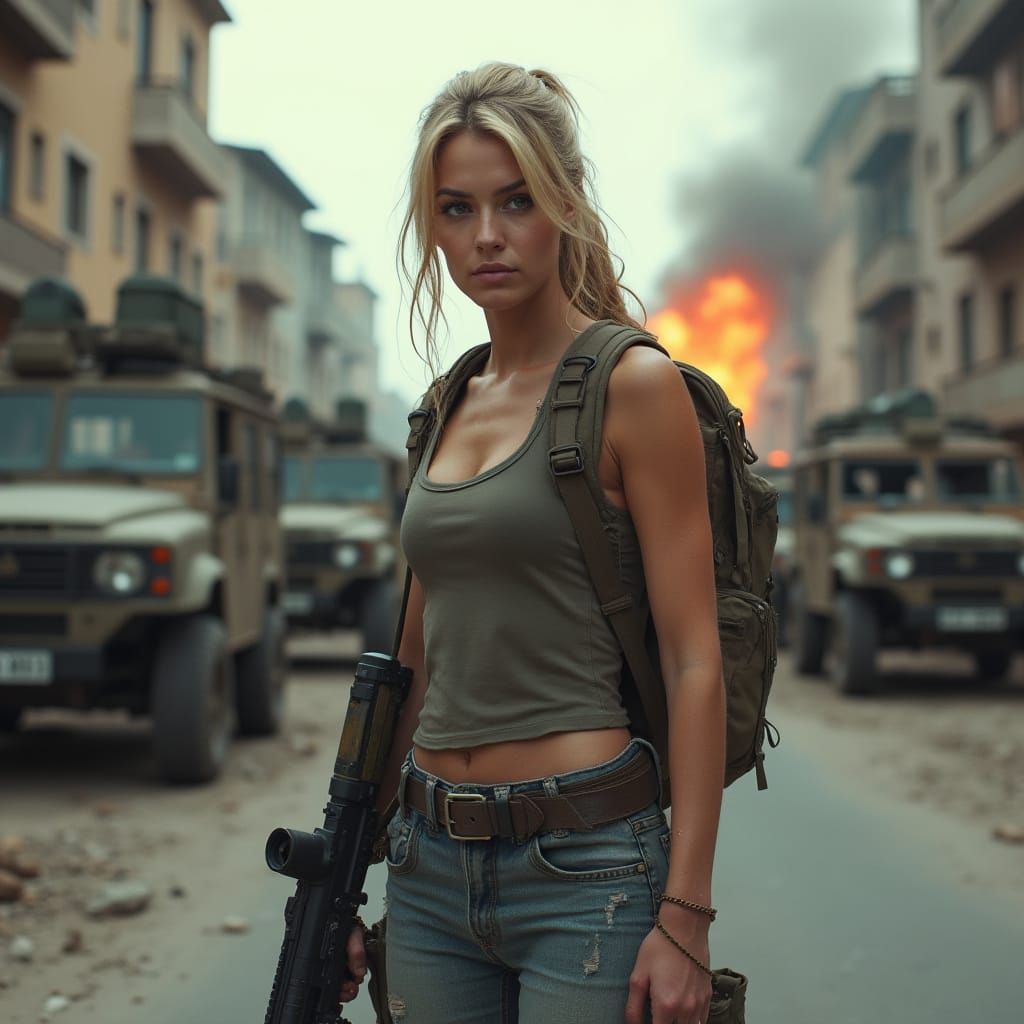 Action Photo: Woman with Rifle on Battle-Torn Street