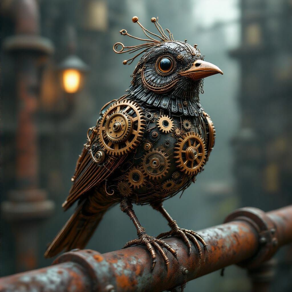Steampunk Wire Bird Perched on Rusted Pipe
