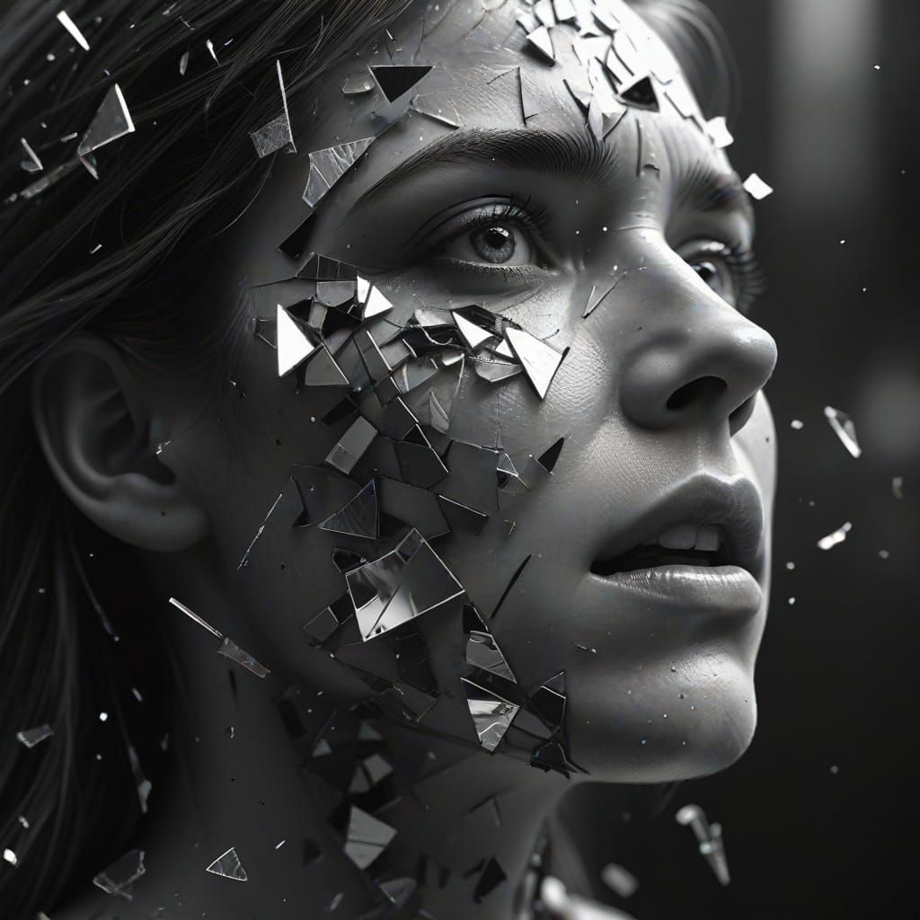 Distraught Face Reflected in Shattered Mirror
