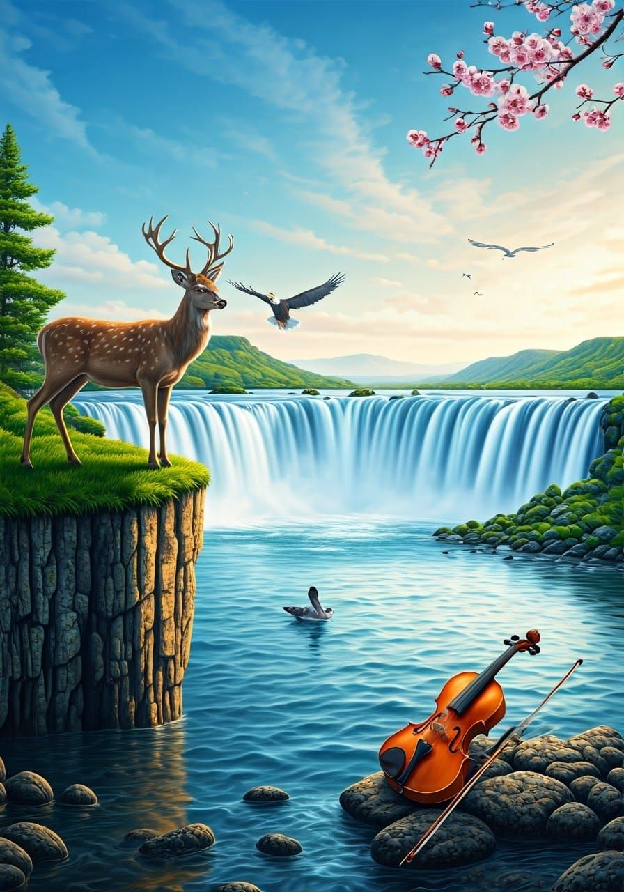 Surreal Nature Scene with Deer and Waterfalls