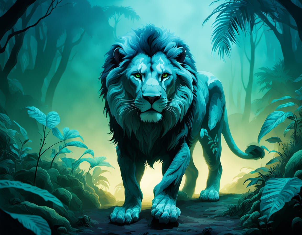 Hyper-Realistic Lion in Alien Jungle Scene