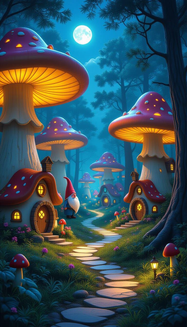 Whimsical Gnome Village Among Glowing Mushrooms