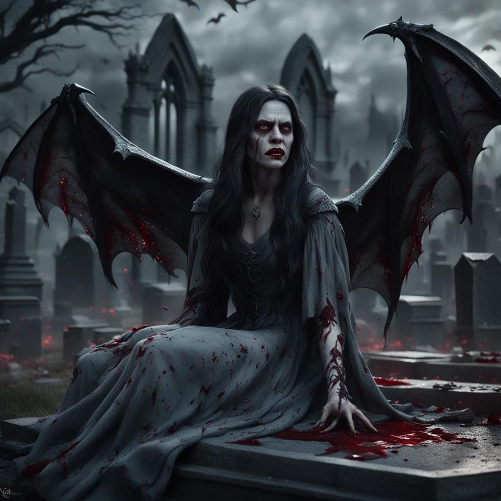 Beautiful Vampire Crying Blood in Graveyard: Detailed Matte ...