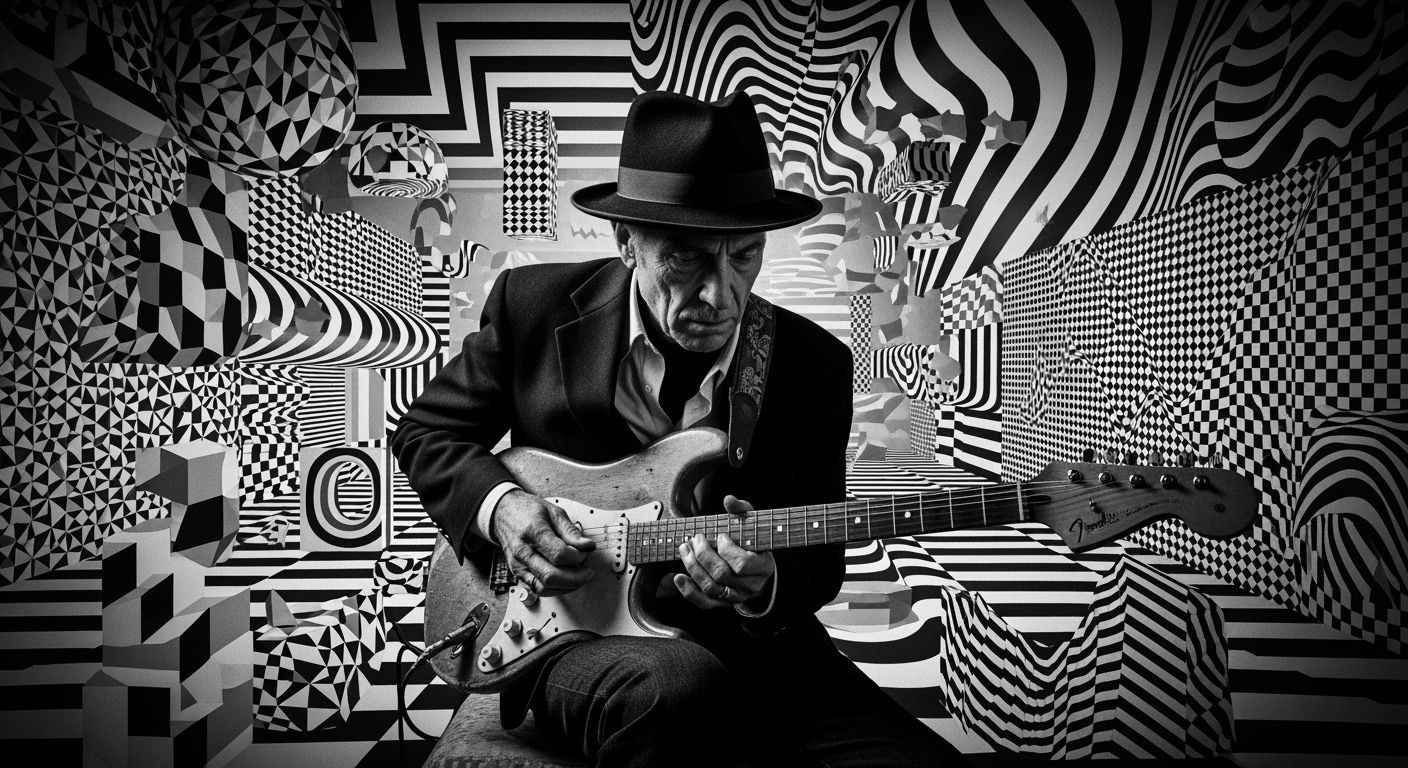 Blues Guitarist in Retro-Futuristic Op Art Photo