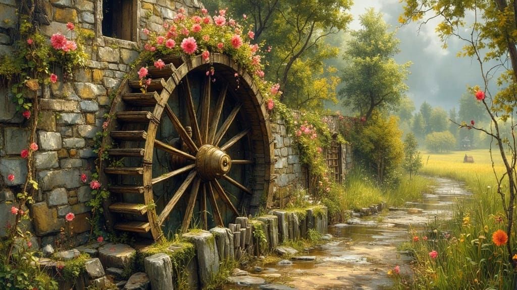 Mossy Old Mill with Roses in Summer Sun