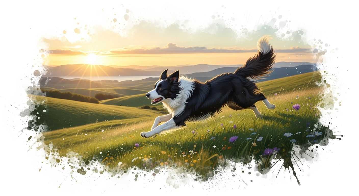 Border Collie Runs Through Highland Meadow at Sunrise
