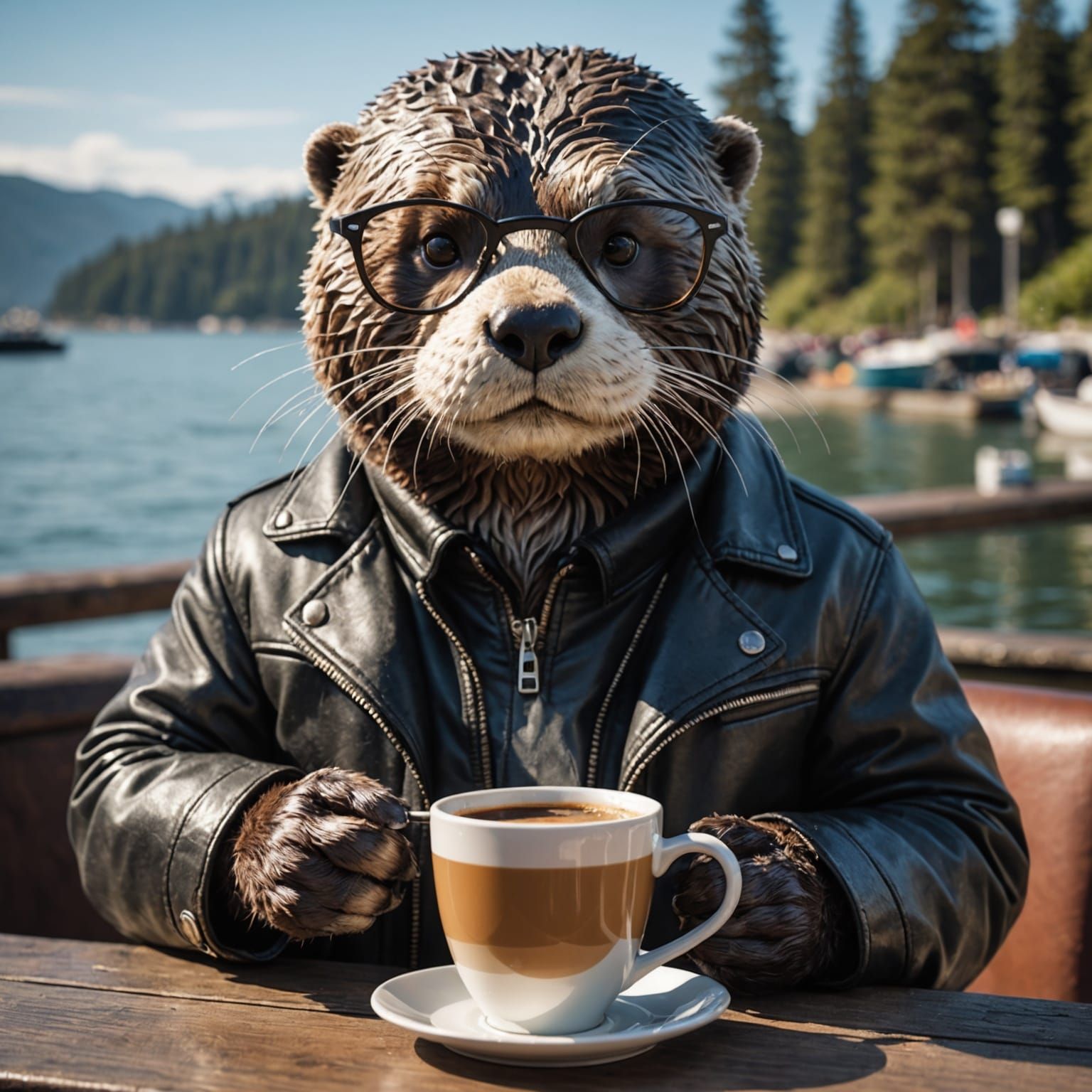 Relaxed Otter Sipping Coffee, Realistic Digital Art