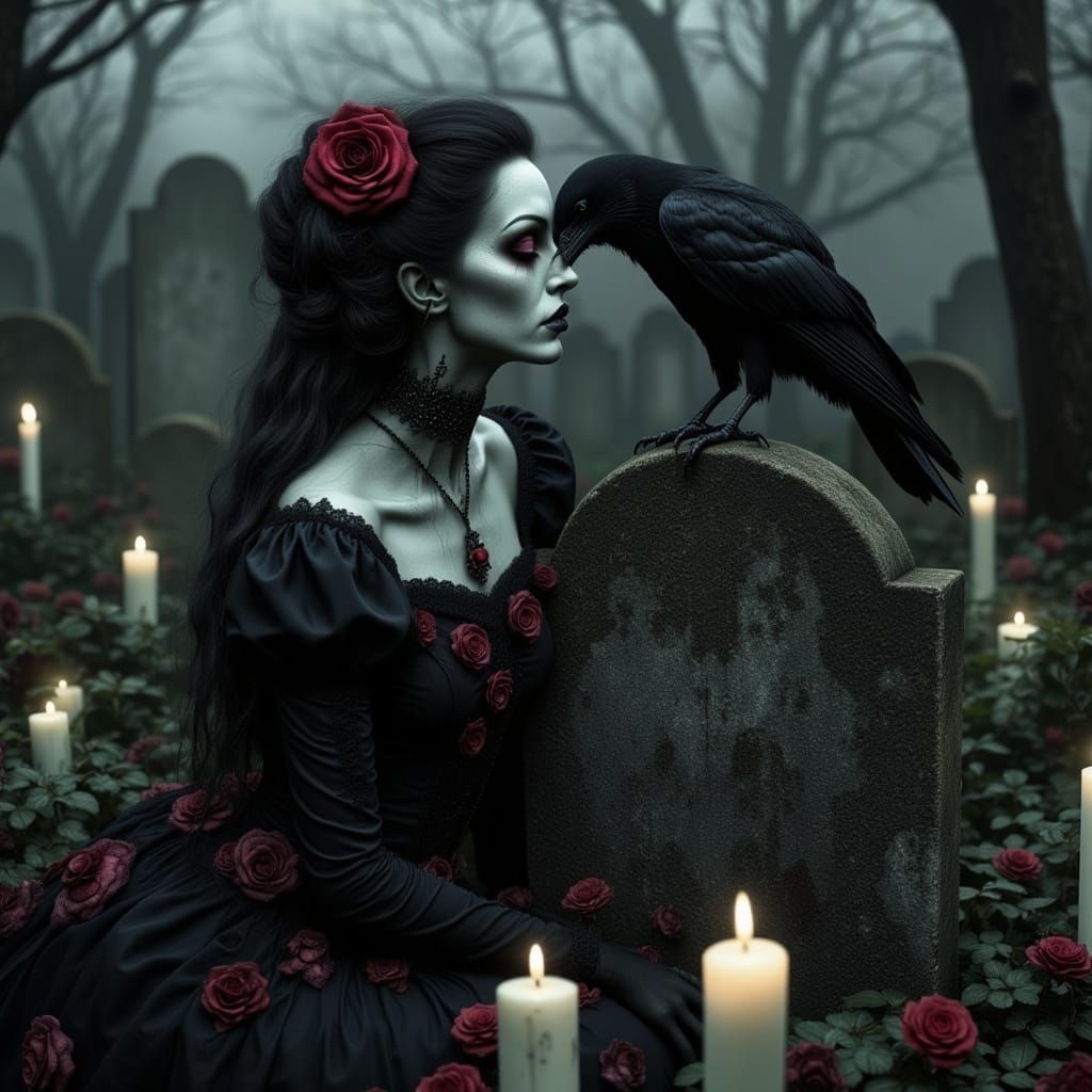 Victorian Zombie with Raven in Stormy Cemetery