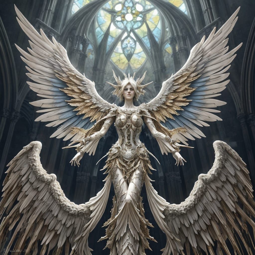 Fractal Angel with Gold Filigree and Stained Glass