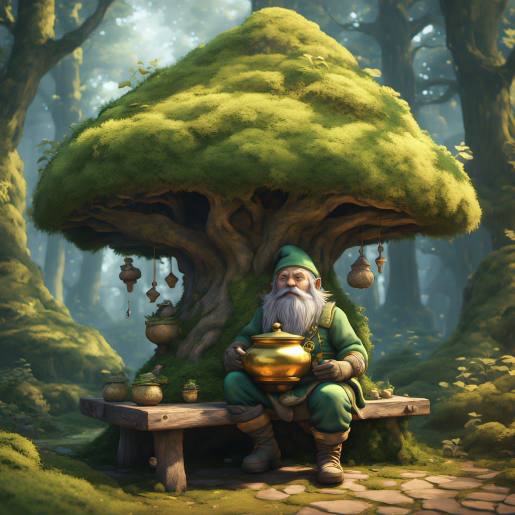 Vibrant Watercolor Fantasy Scene with Dwarf and Golden Treas...