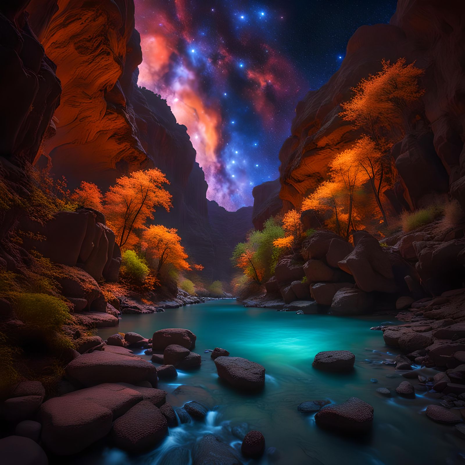 Surreal Canyon with River of Stars at Sunset