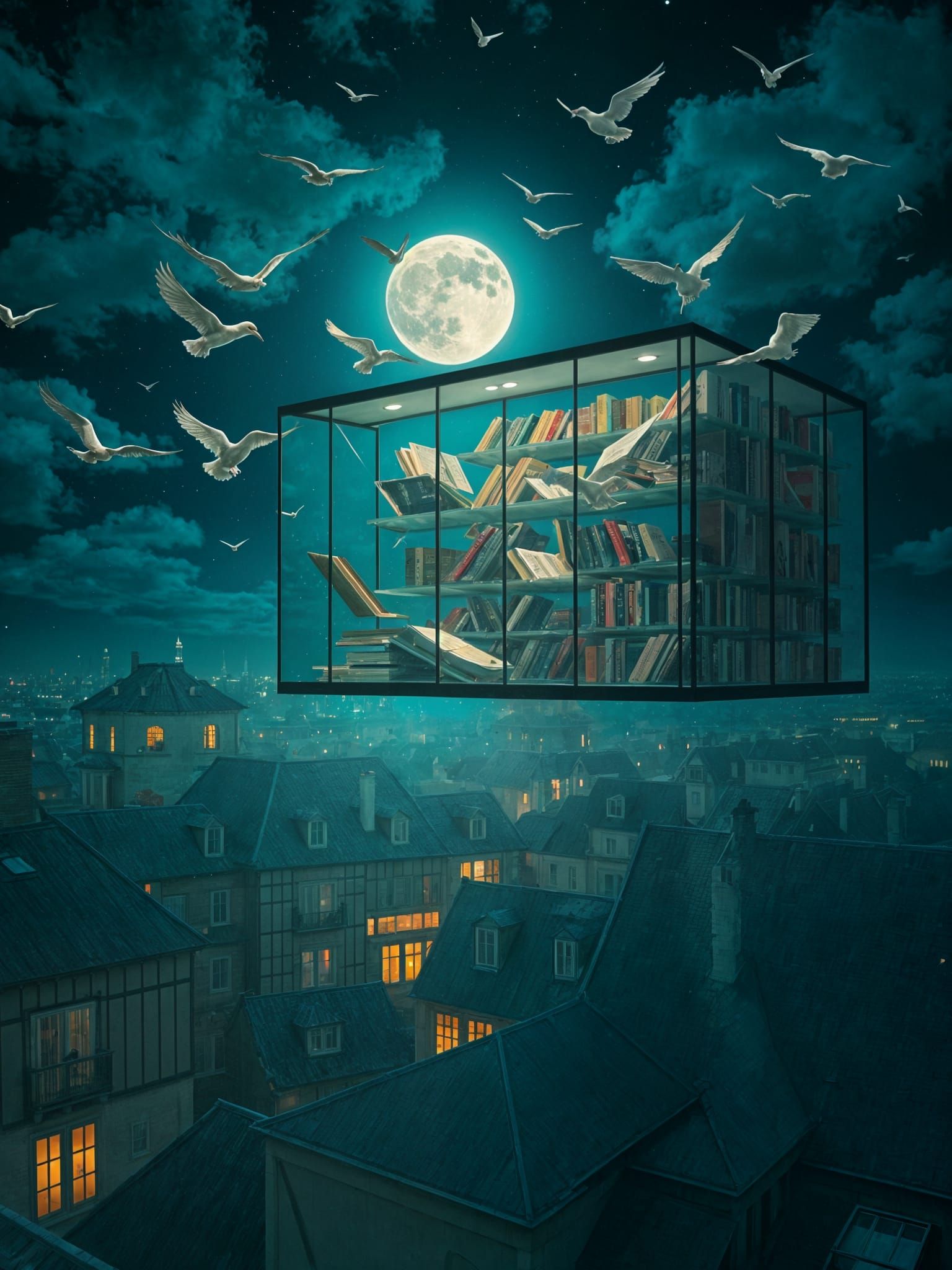 Floating Glass Bookstore Above Sleeping City