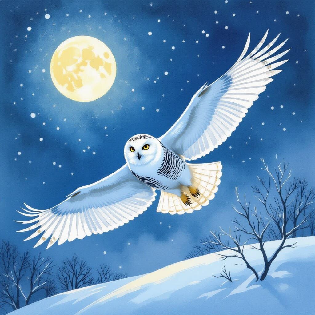 Snowy Owl Gliding Through Night Sky in Watercolor Style