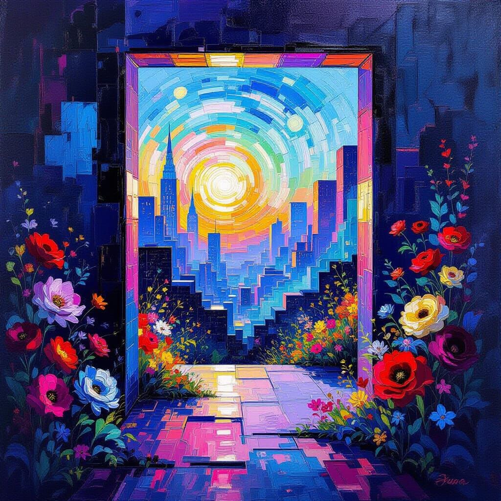 Portal to Otherworldly Cityscape in Neo-Impressionist Style