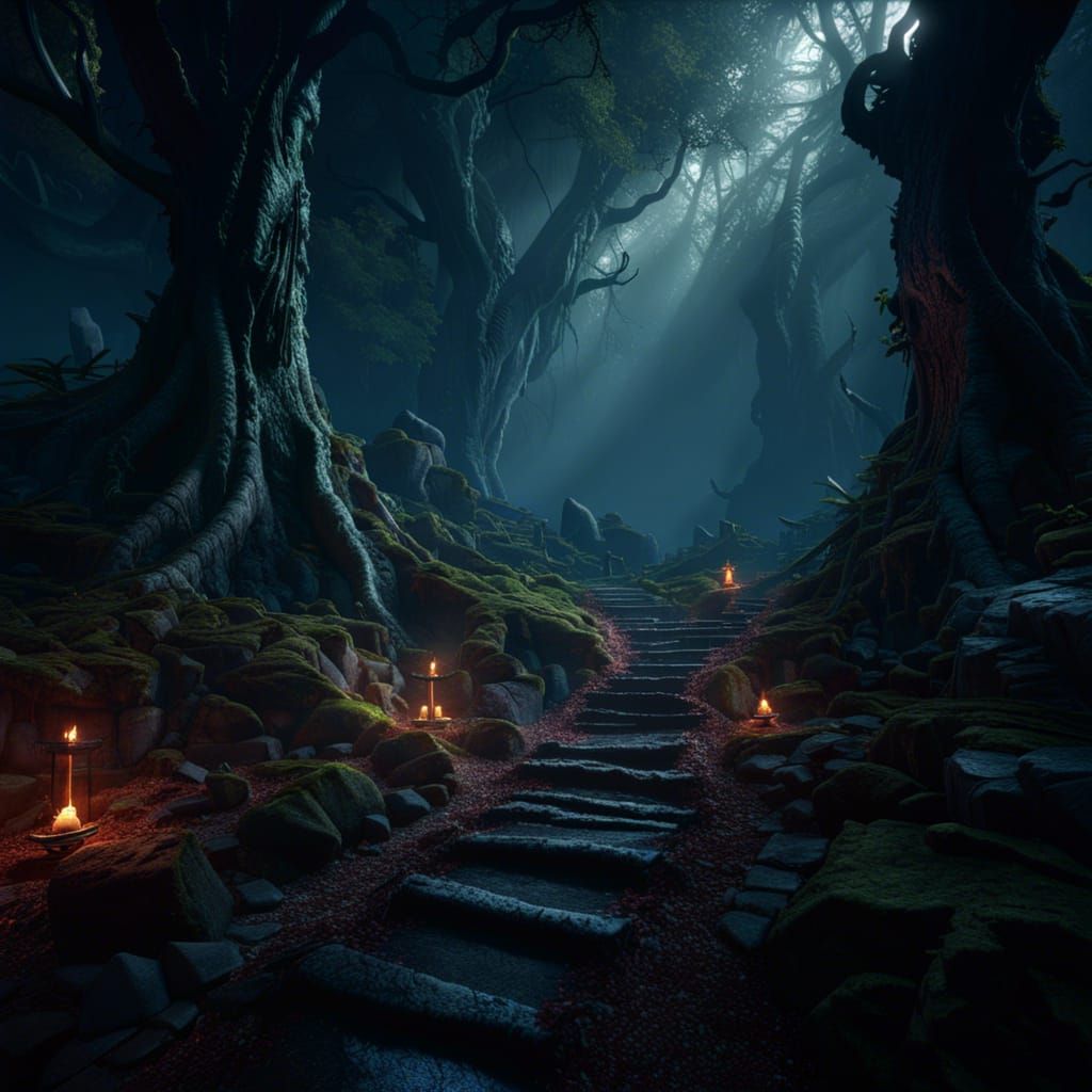 Hyperdetailed Dark Fantasy Dungeon Forest in 8k