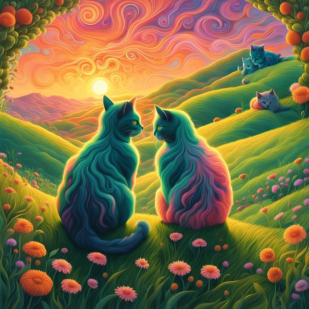 Cosmic Cats Watching Sunset: Surreal Mystic Realism