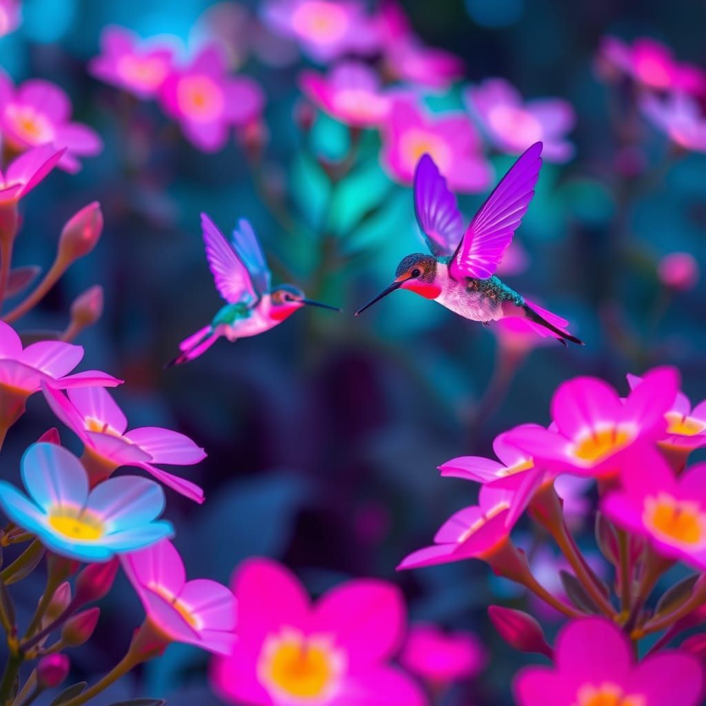 Neon Hummingbirds in Electric Digital Garden