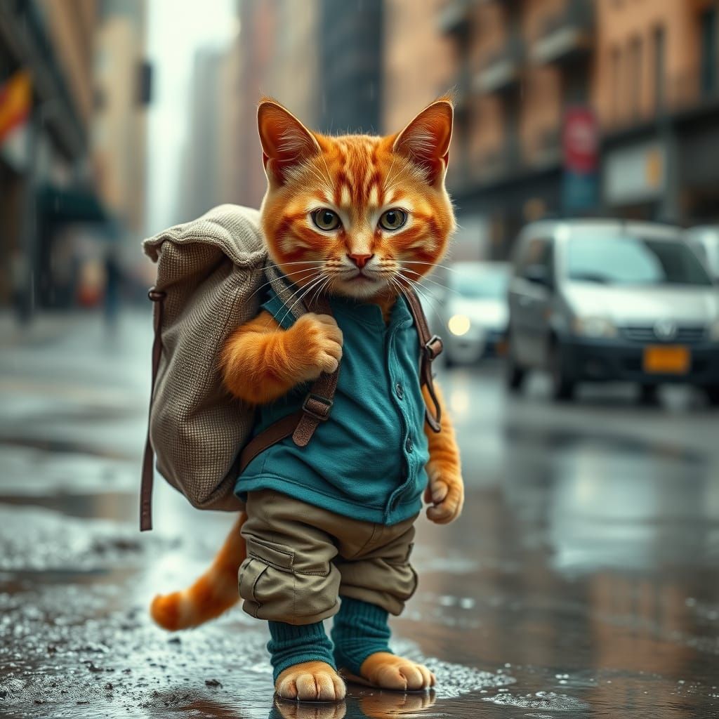 Ginger Tabby Cat Child Brings Home the Harvest in Rainy City...