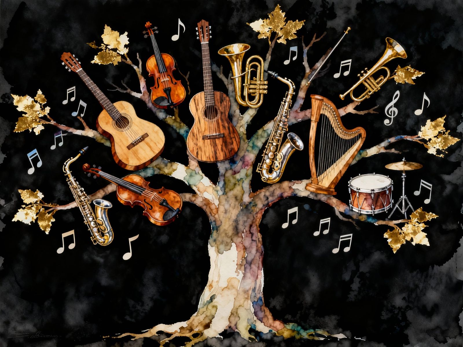 Whimsical Tree Adorned With Musical Instruments