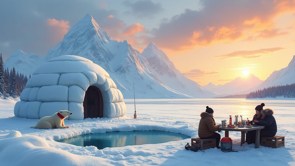 Alaskan Ice Fishing Camp with Polar Bear and Sunset