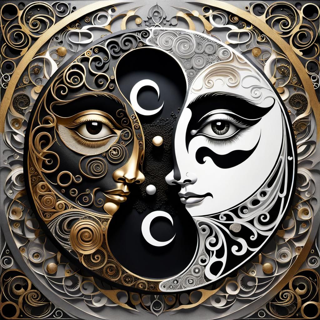 Yin and Yang Faces in Zen-tangle Style