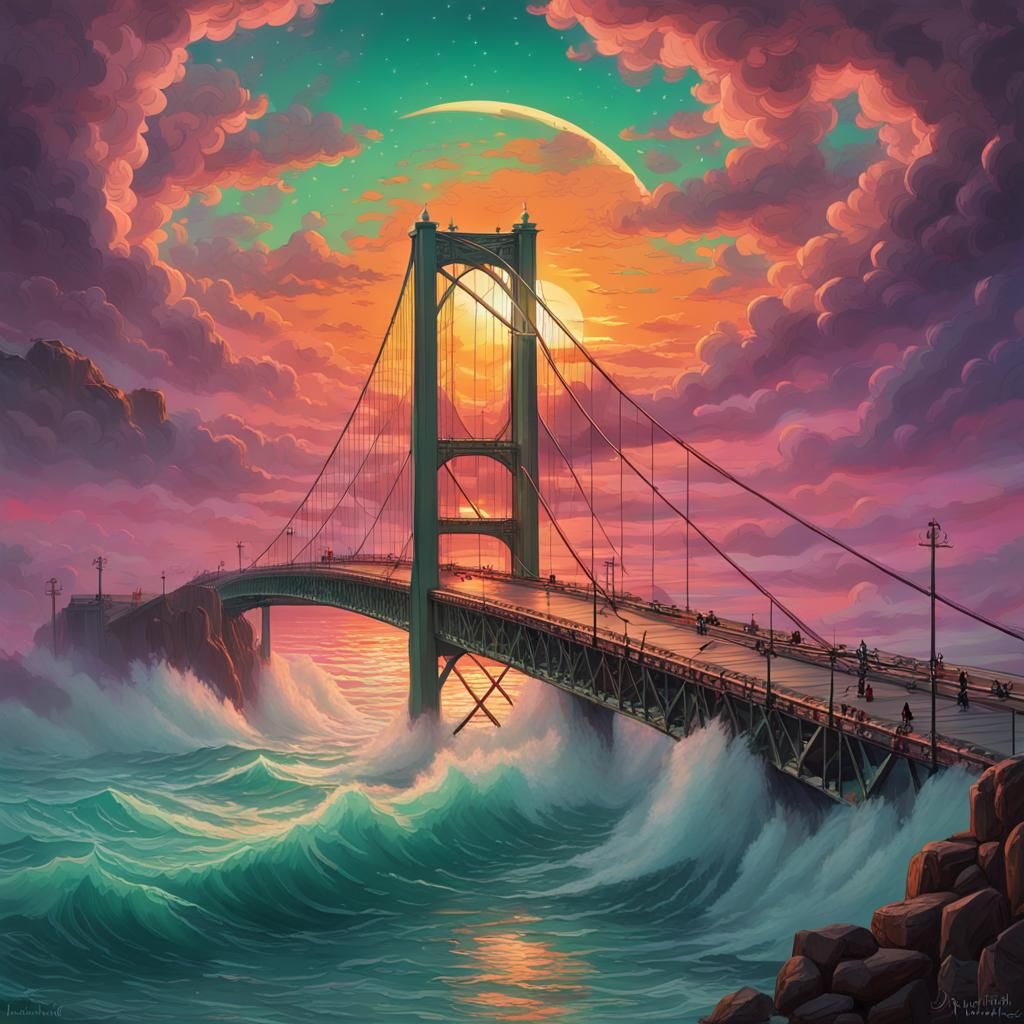 Sunset Commute on a Stormy Suspension Bridge