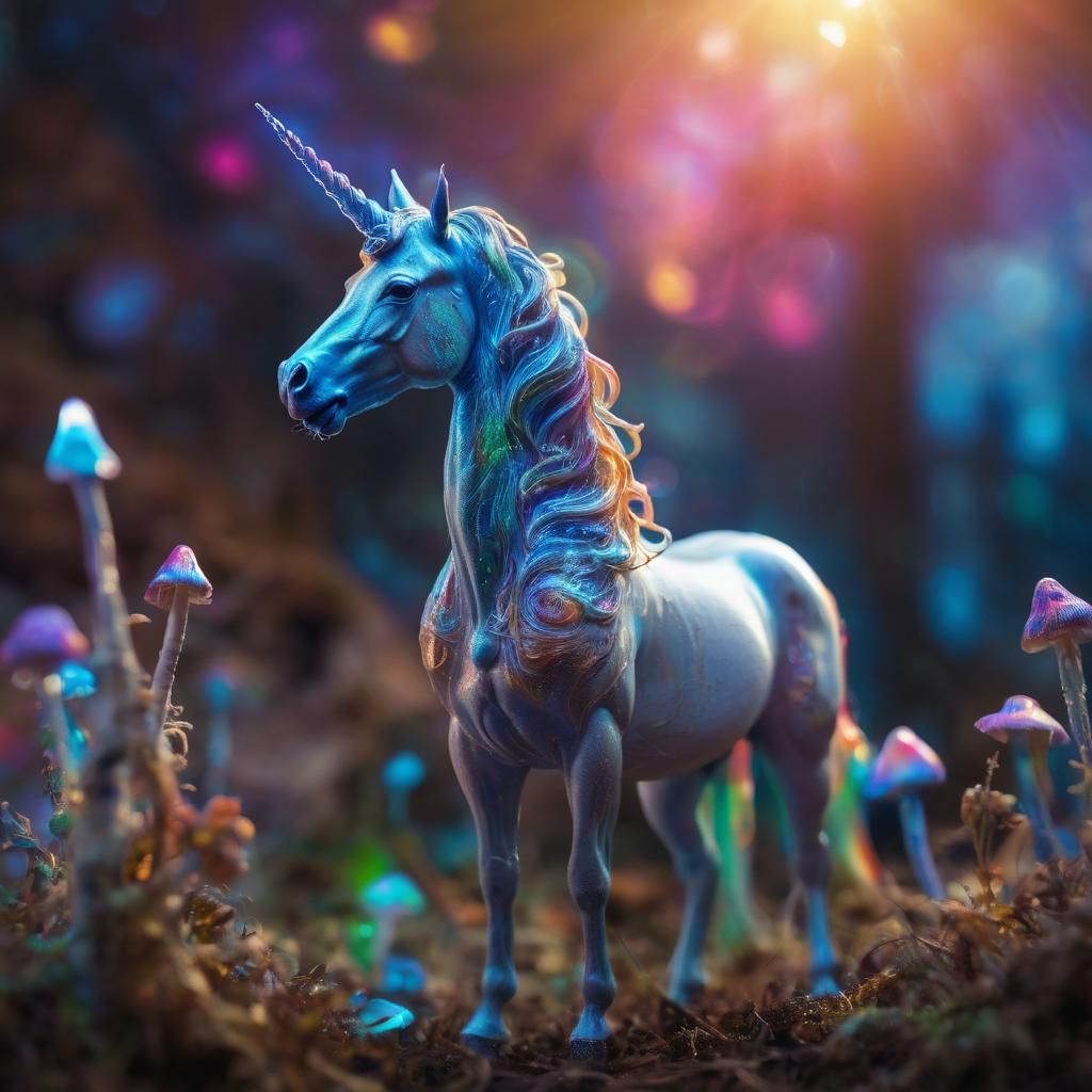 Psychedelic Unicorn with Bioluminescent Horn in Surreal Land...