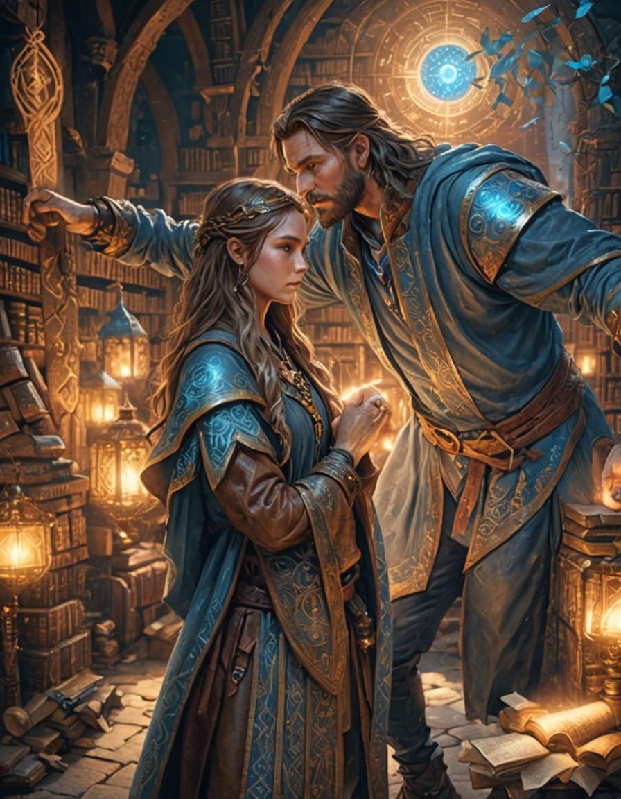 Gruff Mage Conjuring Magic in Ancient Library