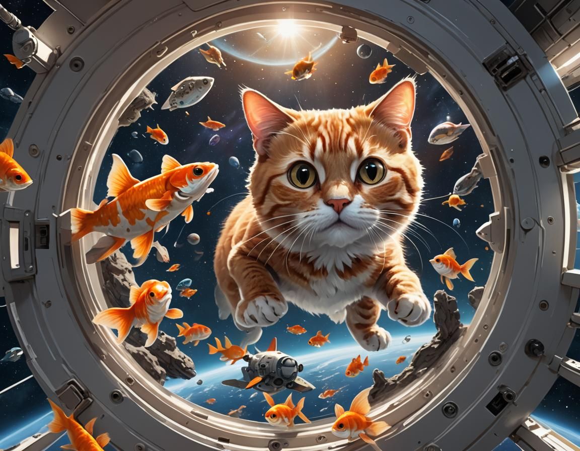 Cat in Space Sees Fish Galaxy: Digital Art