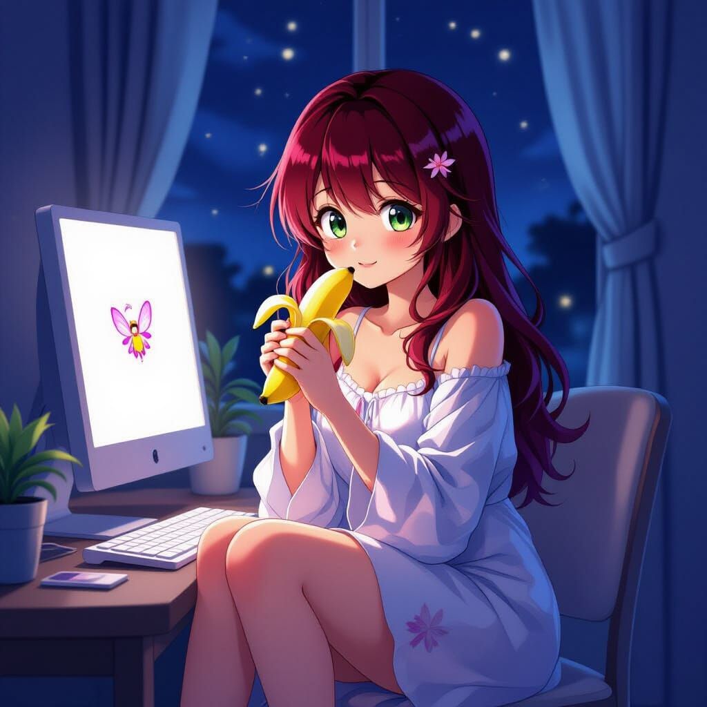 Anime Woman with Crimson Hair and Fairy