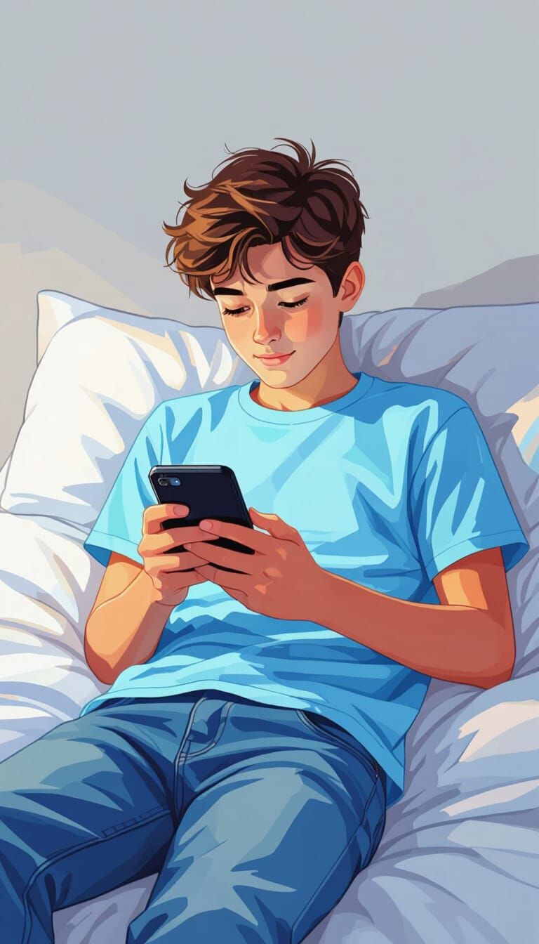 Teenager on Bed with Smartphone, 3D Cartoon Style