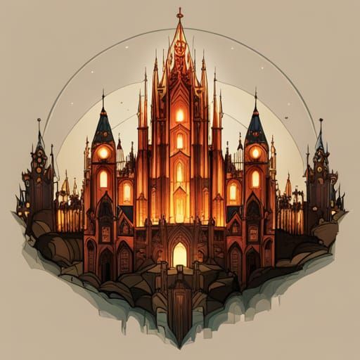 Gothic Palace with Golden Outlines Digital Painting