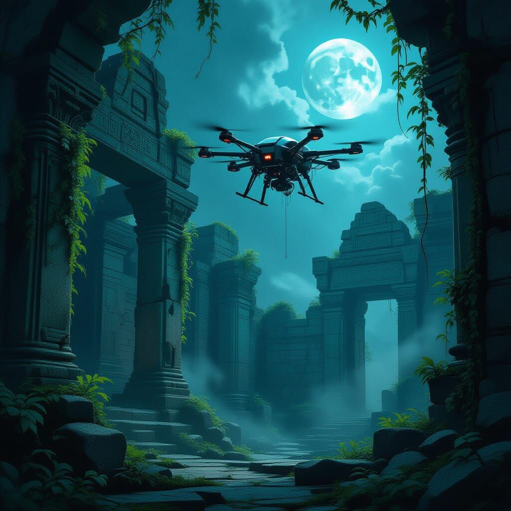 Drone Over Moonlit Temple Ruins in Digital Painting Style