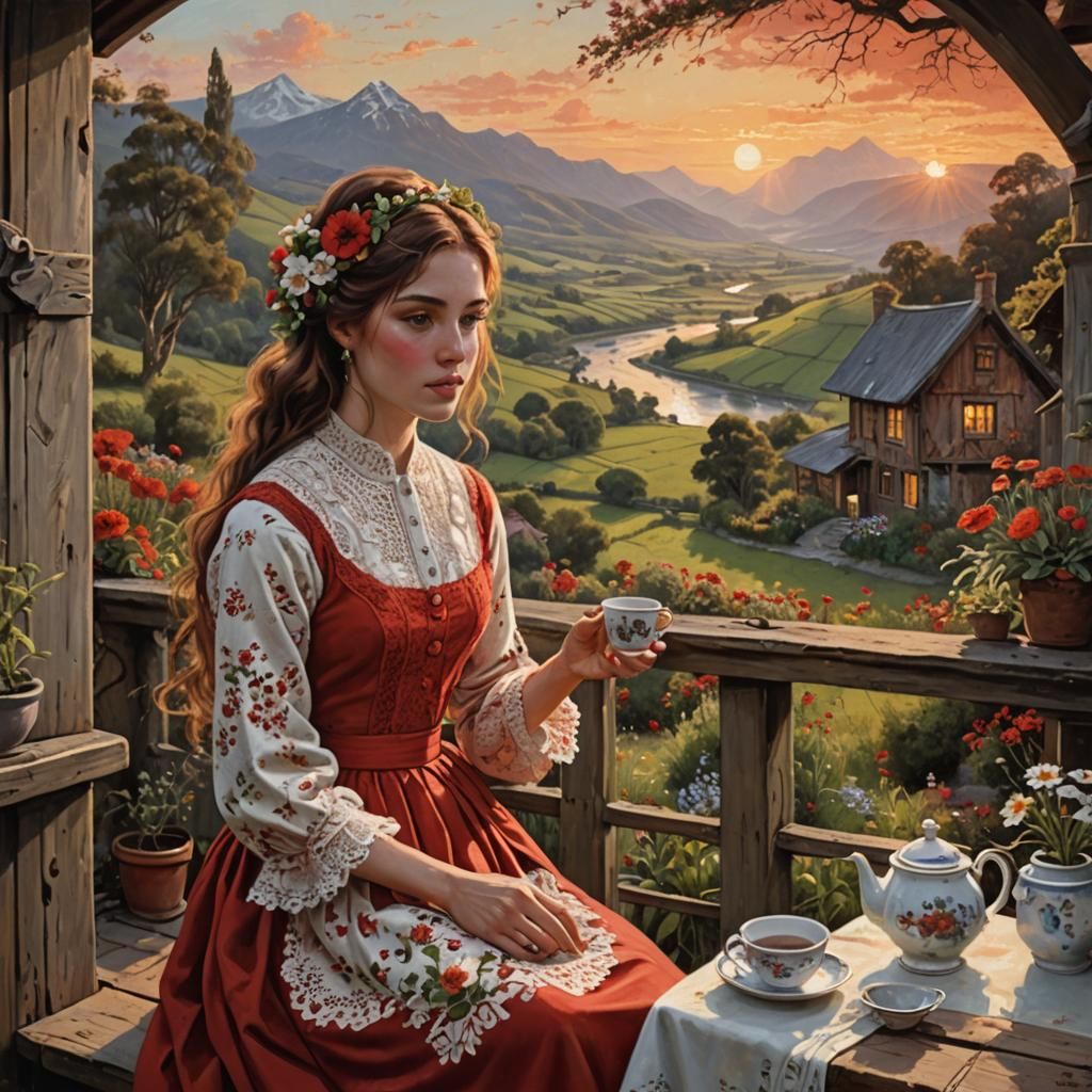Girl on Balcony at Sunset: Oil Painting