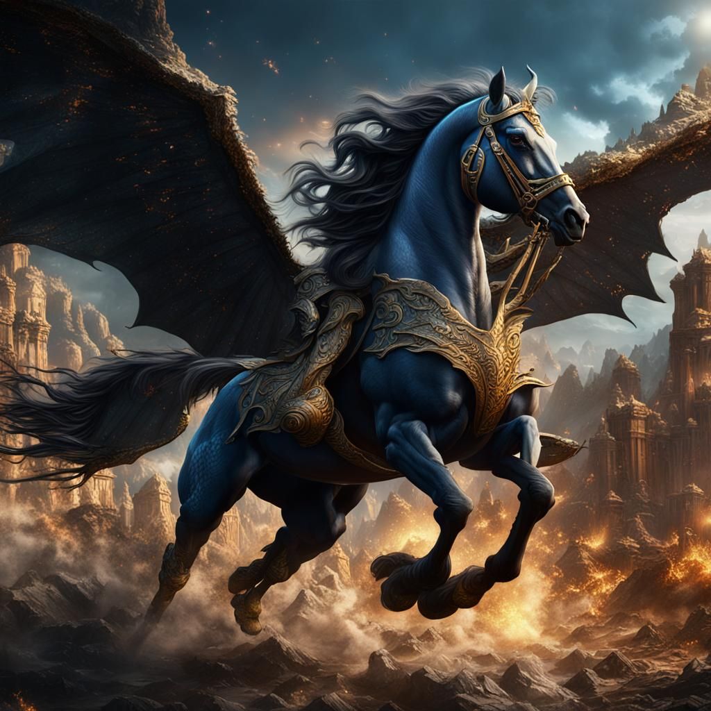Pegasus Fighting a Black Dragon, Fantasy Art