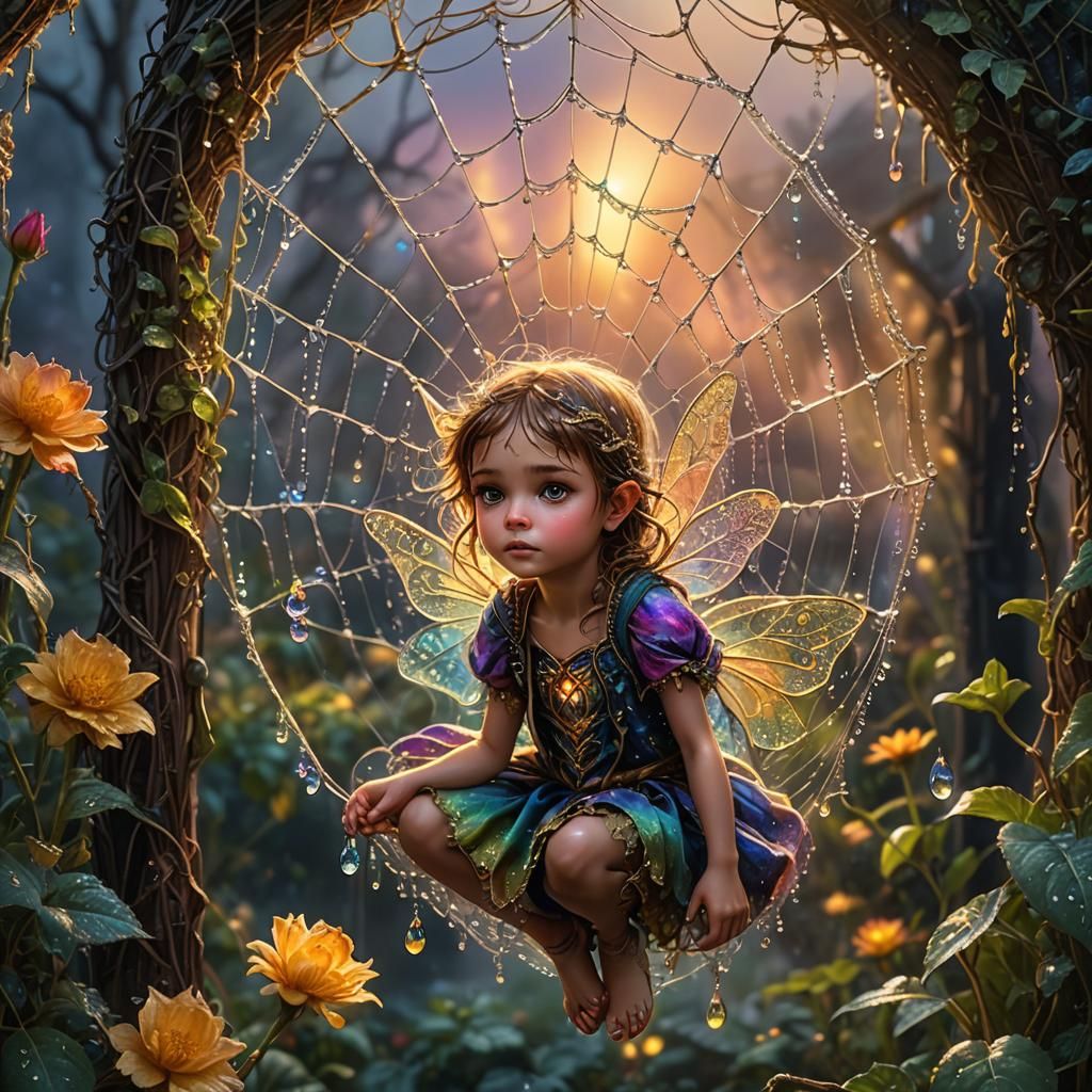 the cutest fairy trapped fighting to get out of a dew drop covered whimsical spiderweb with a bunch of large dewdrops.